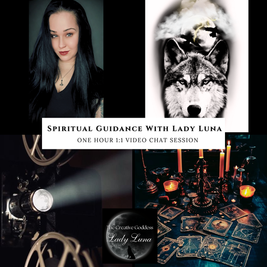 Collage of photos including a woman, a wolf, a vintage recording camera and a table of tarot cards to advertise spiritual guidance sessions with lady luna.